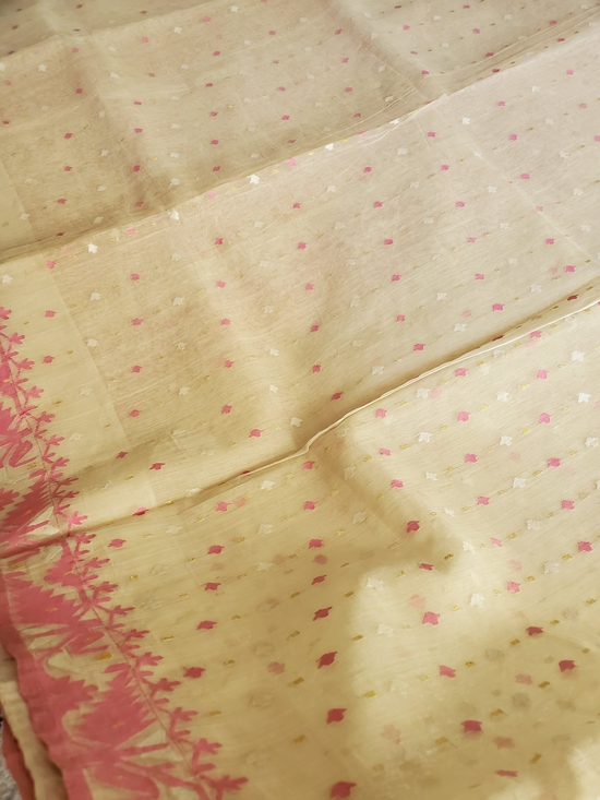 Elegant Pink & Cream Pure Cotton Dhakai Jamdani Saree Handloom Mint Condition main image 9